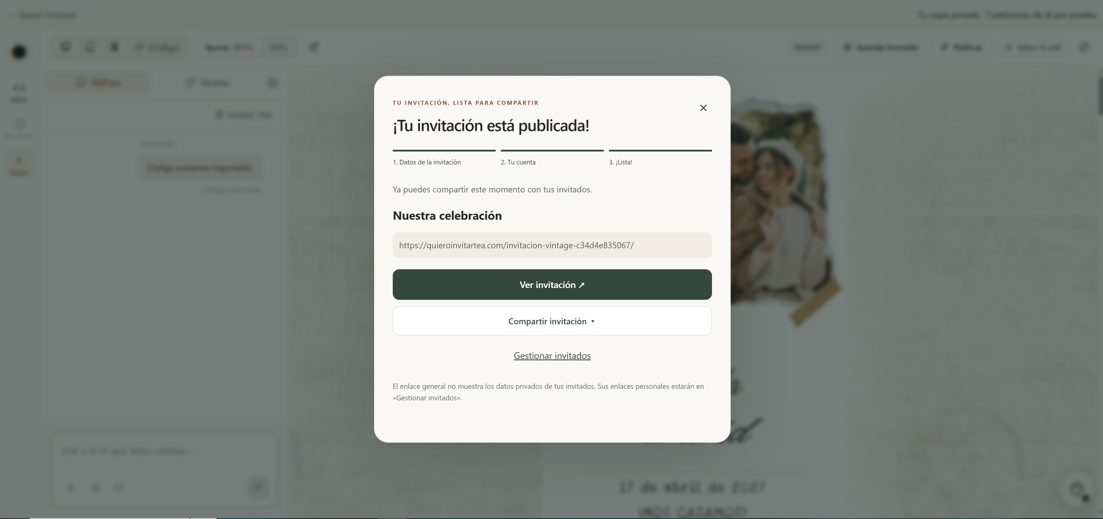Confirmación «¡Tu invitación está publicada!», con el enlace de la celebración y los botones Ver invitación, Compartir invitación y Gestionar invitados.