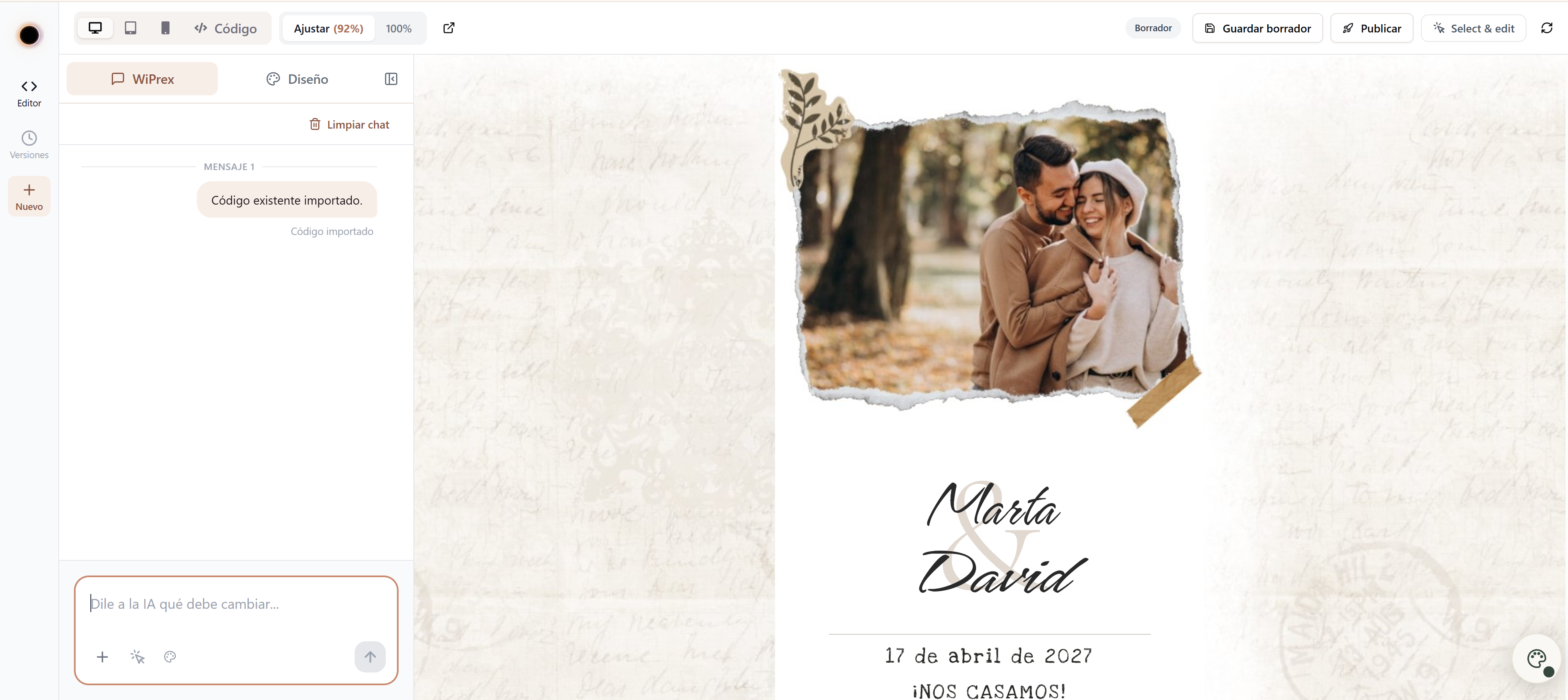 Editor de una invitación de Marta y David, con su fotografía, fecha y opciones de edición y vista previa.